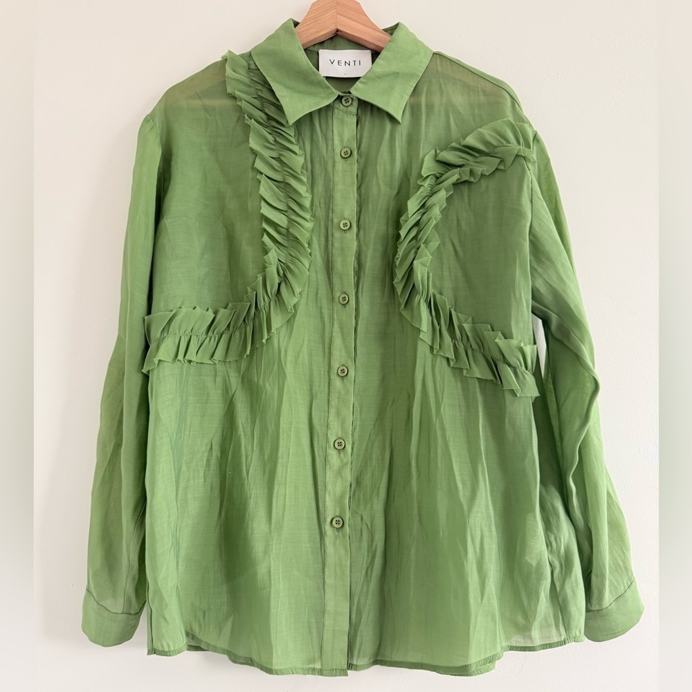 Venti Cottagecore green Lace Trim romantic Blouse luxury polka Size L